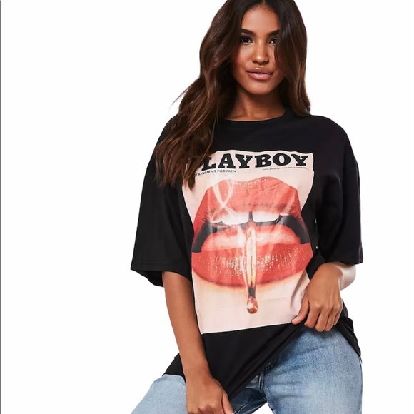 Playboy Black Lips Print T-Shirt - Picture 3 of 6
